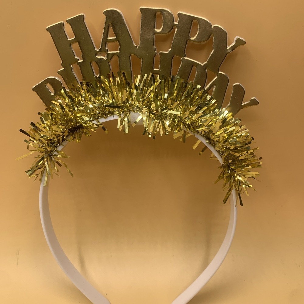 Happy Birthday Crown Headband Gold Tinsel Gold Tone Flexible Happy Birthday